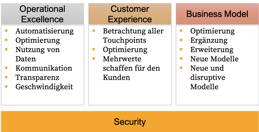 - Der Geschäftsbetrieb (Operational Excellence)
- Das Geschäftsmodell (Business Model)
- Die Schnittstellen zwischen Unternehmen und Ihren Kunden (Customer Experience)